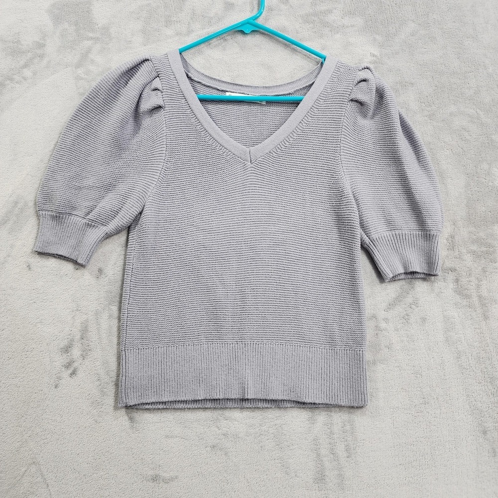 Abercrombie & Fitch Sweater Top Womens S Gray V-Neck Puff Sleeve Knit Pullover